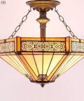 Tiffany Style Yellow Hexagon Stained Glass Ceiling Light Fixture That Pops, Mission Semi-Flush Mount Lamp with Antique Green Bronze Base