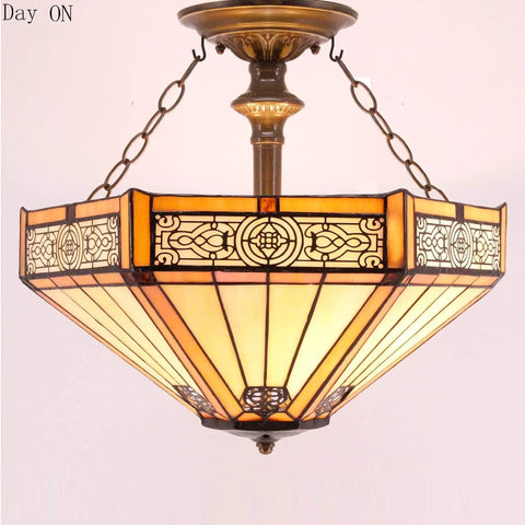 Tiffany Style Yellow Hexagon Stained Glass Ceiling Light Fixture That Pops, Mission Semi-Flush Mount Lamp with Antique Green Bronze Base