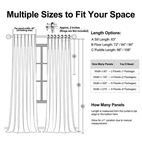 Diagram showing size options for Luxury Velvet Blackout Curtains 96 Inches Long In Brown Tan Terracotta With Pinch Pleat Design