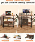 Portable Rolling Desk On Wheels With Adjustable Height, 32 Inch Computer Desk With Three Layer Storage Shelves, Rustic Home Office Table For Small Spaces, Dope Gaming And Study Setup with laptop and plant.