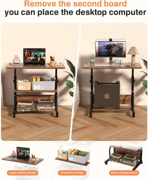 Portable Rolling Desk On Wheels With Adjustable Height, 32 Inch Computer Desk With Three Layer Storage Shelves, Rustic Home Office Table For Small Spaces, Dope Gaming And Study Setup with laptop and plant.