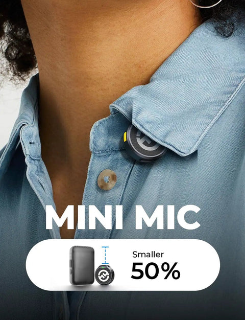 Person wearing Lark M2 Wireless Lavalier Microphone For iPhone, Android, Camera And PC, compact design on shirt collar