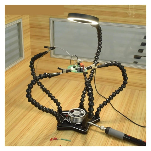 Five Pack Flexible Helping Hands Soldering Stand with Adjustable Goosenecks and USB Magnifying Lamp in use on wooden desk
