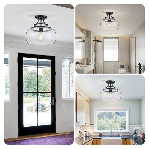 Rustic Farmhouse Industrial Round Ceiling Light Fixture With Clear Glass Shades LED Chandelier For Bathroom Kitchen Foyer And Entry Semi Flush Mount Black Finish E26 Base 11.8 Inches High By 13.4 Inches Wide Non Dimmable Edison Bulb