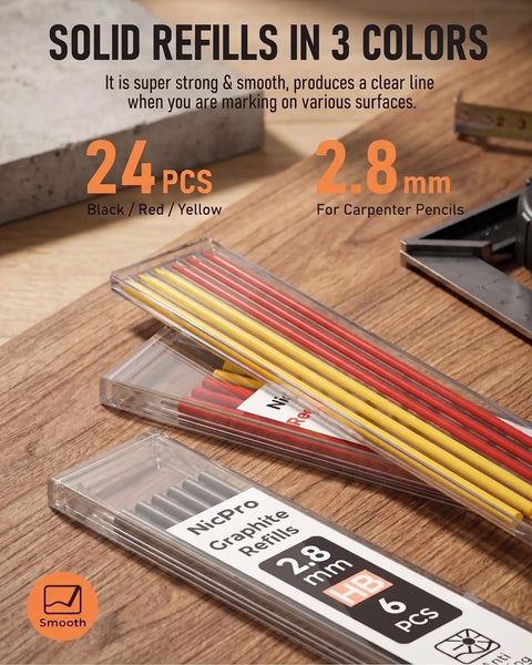 Real Talk This Workhorse Carpenter Pencil Set Is Built Sick For The Daily Grind Marks Crisp Wood Lines Includes Pocket Sharpener Rugged Holster Spare Refills And Grippy Comfort - 24 graphite refills in black, red, and yellow for carpenter pencils.