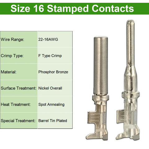 Size 16 stamped contacts for 2 Pin Deutsch DT Connector Kit, suitable for 22-16AWG wiring, nickel-plated phosphor bronze.