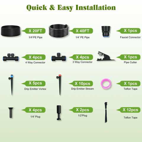 Effortless Drip Irrigation Kit components including pipes, connectors, and accessories for garden and yard automatic watering system.