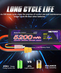 11.1V 3S 5200mAh 80C RC Battery With Beefy Hard Case And XT60 Connector For One Eighth And One Tenth Scale RC Cars And Trucks Dual Pack JST XHR Compatible High Discharge For Long Run Time, showing long cycle life and details.