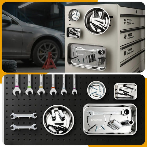 Four Piece Magnetic Tray Set In Stainless Steel With Strong Magnets Includes 3 Inch 6 Inch Square And Shallow Trays For Garage Workshop