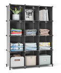 12-Cube Black Storage Organizer Shelf System For Bedroom, Office, And Living Room with folded clothes and decor items.