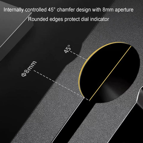 Heavy Duty Magnetic Base Stand For Dial Indicator With 360 Degree Adjustable Arm and swivel joints, showing 45° chamfer design and 8mm aperture.
