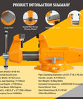 Heavy Duty 6 Inch Bench Vise With 7 Inch Jaw Opening And 360 Degree Swivel Base, Rock Solid Ductile Iron Construction and replaceable jaws.
