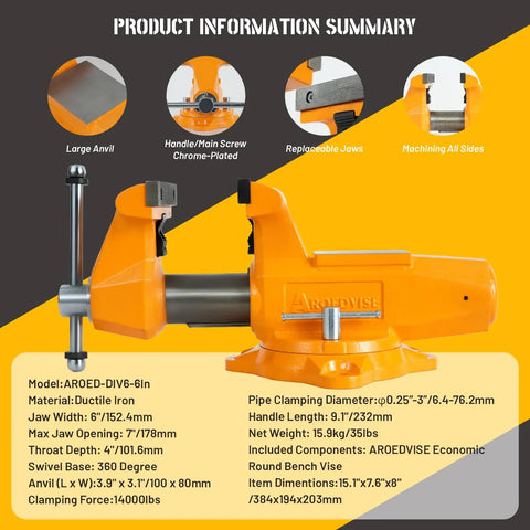 Heavy Duty 6 Inch Bench Vise With 7 Inch Jaw Opening And 360 Degree Swivel Base, Rock Solid Ductile Iron Construction and replaceable jaws.