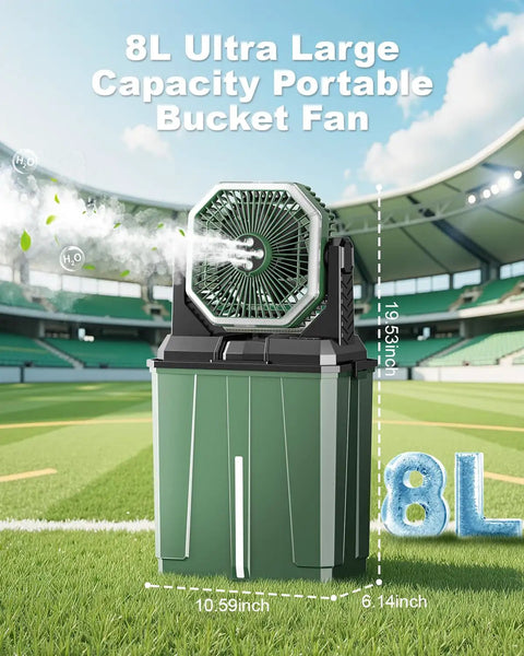 All In One Misting Fan With 24000mAh Battery And 8L Water Tank For Outdoor Cooling While Camping Or On The Worksite shown on field.
