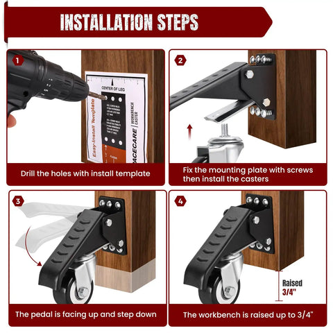Installation steps for Built Tough Retractable Workbench Caster Kit Moves Heavy Shop Load With Zero Sweat Smart Step Brakes.