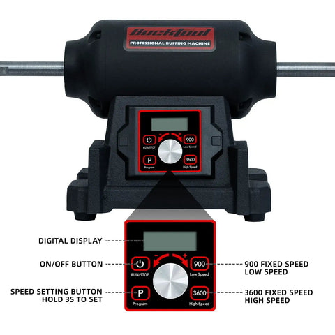 Heavy Lifter Eight Inch Benchtop Buffer Polisher With One Horsepower VFD Variable Speed Motor control panel showing digital display and speed settings.