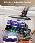 Anti-tangle V-shaped roller brush of Cordless Vacuum Cleaner With 450W Motor And 40KPa Suction, shows reduced hair tangles