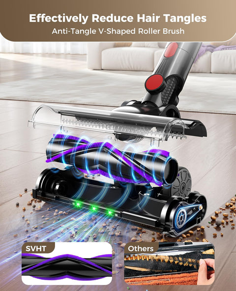 Anti-tangle V-shaped roller brush of Cordless Vacuum Cleaner With 450W Motor And 40KPa Suction, shows reduced hair tangles