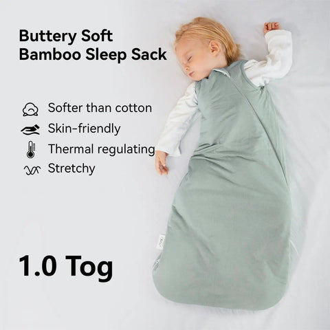 Soft Bamboo Rayon Sleep Sack For Babies 12 To 18 Months, 1.0 Tog, shown with sleeping toddler in light green sack