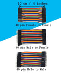 240 Pcs Breadboard Jumper Wires Kit With 4 Inch And 8 Inch Lengths Awesome For Quick DIY Arduino And Raspberry Pi Projects M To F M To M And F To F Connectors 0.1 Inch Pitch 2.54mm displayed as 40 pin female to female, male to female, and male to male bundles.
