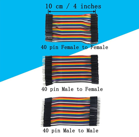 240 Pcs Breadboard Jumper Wires Kit With 4 Inch And 8 Inch Lengths Awesome For Quick DIY Arduino And Raspberry Pi Projects M To F M To M And F To F Connectors 0.1 Inch Pitch 2.54mm displayed as 40 pin female to female, male to female, and male to male bundles.