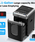 Two In One 300 Sheet Auto Feed Paper Shredder With 12 Sheet Manual Slot Built Like A Workhorse Commercial Grade Heavy Duty Micro Cut Shredder P4 Security Level 58dB Ultra Quiet For Office Or Home Use showing open bin with shredded paper