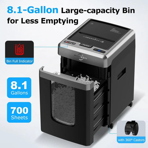 Two In One 300 Sheet Auto Feed Paper Shredder With 12 Sheet Manual Slot Built Like A Workhorse Commercial Grade Heavy Duty Micro Cut Shredder P4 Security Level 58dB Ultra Quiet For Office Or Home Use showing open bin with shredded paper