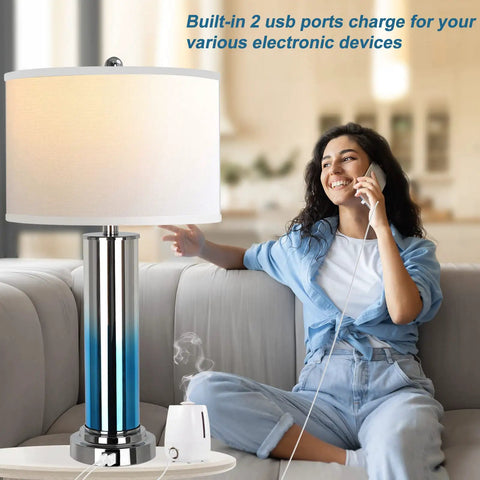 Set Of 2 Ombre Indigo Glass Table Lamps With USB Ports, LED Bulbs Included, woman using phone, USB charging in living room