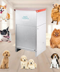 Heavy Duty Galvanized Dog Feeder Bowl Station For Indoor Outdoor Use With 25 Pound Gravity Fed Kibble Dispenser next to various dog breeds.