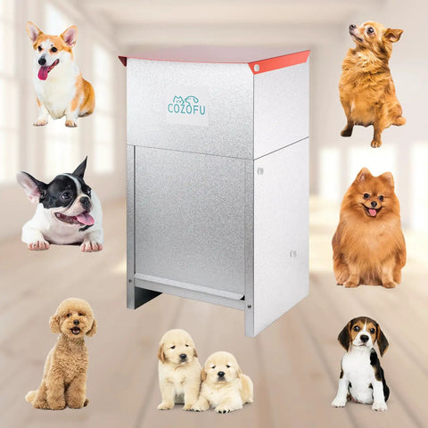 Heavy Duty Galvanized Dog Feeder Bowl Station For Indoor Outdoor Use With 25 Pound Gravity Fed Kibble Dispenser next to various dog breeds.