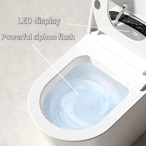Interior view of Slick Black Smart Toilet With Built In Bidet And Heated Seat Offering Pre Wet Rinse And Adjustable Warm Water Streams For A Legit Top Shelf Fresh Setup Straight Up, showing LED display and siphon flush.