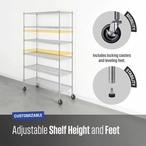 Shop Ready NSF Certified Six Tier Steel Wire Shelving Rack With Solid Locking Casters, Perfect For Garage Refresh And Heavy Duty Commercial Storage, Stands Over Six Feet Tall