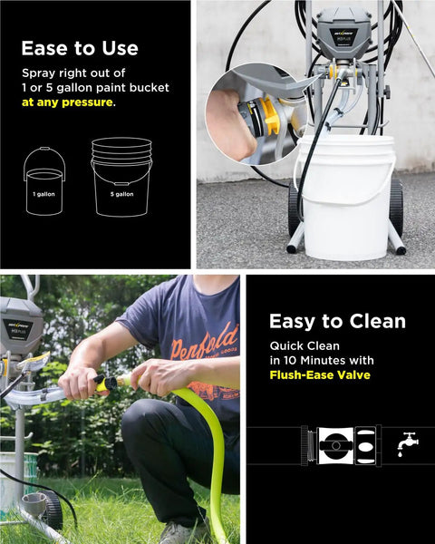 Heavy Duty Cart Airless Paint Sprayer Cranking Out 3300 PSI And 0.33 GPM High Flow with easy clean features and paint bucket compatibility.