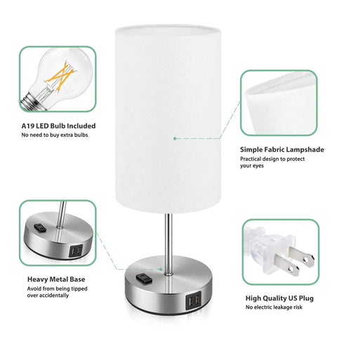 Pair Of Touch-Control Table Lamps With USB Ports And AC Outlet, white fabric shade, heavy metal base, A19 LED bulb included.