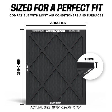 20x25x1 HVAC Air Filter MERV 13 With Activated Carbon For Odor Removal showing dimensions and compatibility
