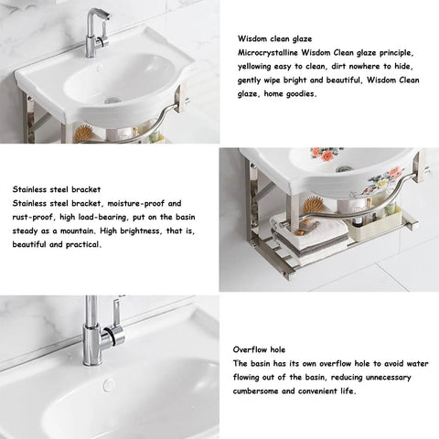 Sink Corner, Wall Hung Porcelain Ceramic Sink, Wall Mounted Bathroom Vessel Sink with Towel Rack,60x38x45cm with stainless steel support.