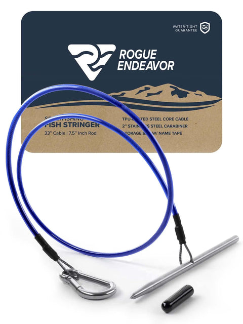 Endeavor Spearfishing Stringer With 33 Inch Stainless Cable Heavy Duty 2 Inch Carabiner 7.5 Inch Sharpened Rod In Blue