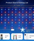 Hanging Star Curtain Lights For Window With 70 Star String Lights USB Plug In 8 Modes Twinkle Fairy Lights Lit Red White Blue Holiday Decor For Independence Day Memorial Day Fourth Of July 10ft By 2.6ft product size and accessories