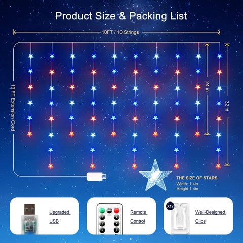 Hanging Star Curtain Lights For Window With 70 Star String Lights USB Plug In 8 Modes Twinkle Fairy Lights Lit Red White Blue Holiday Decor For Independence Day Memorial Day Fourth Of July 10ft By 2.6ft product size and accessories
