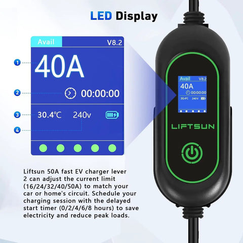 Close-up of Level 2 Fast EV Charger For Home Use 240V 50A 12kW With Adjustable Current And Schedule Charging Wall Mount SAE J1772 NEMA 14 50P 25 Ft Premium Cable showing LED display and buttons.
