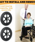 4 Pcs Replacement Wheelchair Wheels 8 Inch Universal Anti Slip Casters For Wheelchairs Walkers Rollators Black next to people.