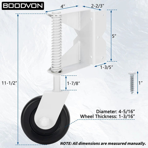 Heavy Duty Gate Wheel With Spring Loaded Gate Caster For Outdoor Wooden And Fence Gates, 360 Degree Swivel, dimensions included.