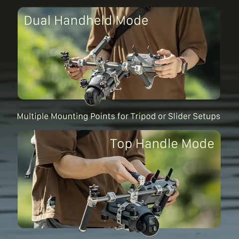 Dope Handheld Cage Rig For DJI Mavic 4 Pro Titanium White in dual and top handle modes, showcasing versatility in use.