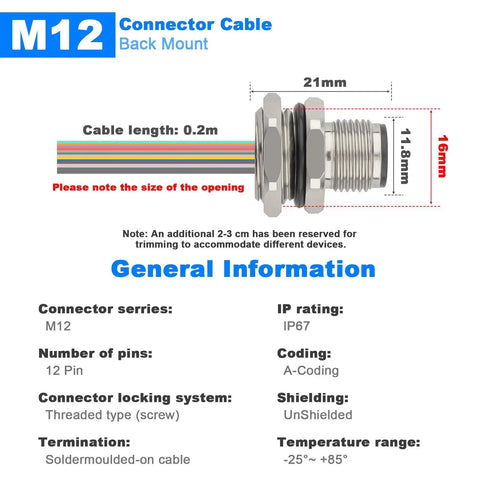 Diagram of Unshielded M12 12-Pin A-Code Connector Cable, 0.2M Straight Back-Mount with dimensions and specifications, IP67 rated