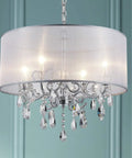 Crystal Pendant Drum Chandelier in Chrome Finish, Four Light LED Ceiling Fixture with organza shade and crystal drops