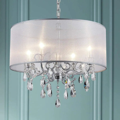 Crystal Pendant Drum Chandelier in Chrome Finish, Four Light LED Ceiling Fixture with organza shade and crystal drops