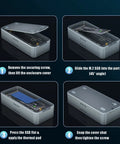 Next Level 80Gbps M.2 NVMe SSD Enclosure Packed With Intel JHL9480 B2 Chipset showing installation steps for SSD inside silver housing.