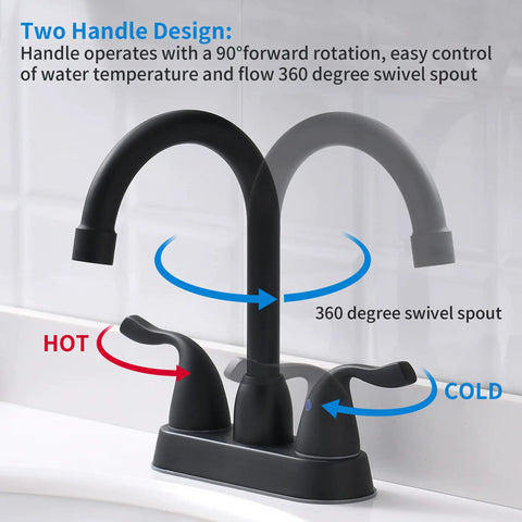 Matte Black Two Handle Bathroom Sink Faucet With Pop Up Drain And Supply Lines 4 Inch Centerset Design For 2 Or 3 Hole