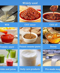Image showcasing various uses for Heavy Duty Stainless Steel Paste Filling Machine With Wide Mouth Hopper For No Sweat Bottle Filling At 40 Liters Per Minute.