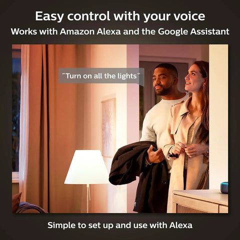Couple using Smart A19 LED Bulb 75W Equivalent, Soft Warm White 1100 Lumens, E26 Indoor Use, Control With App for cozy living
